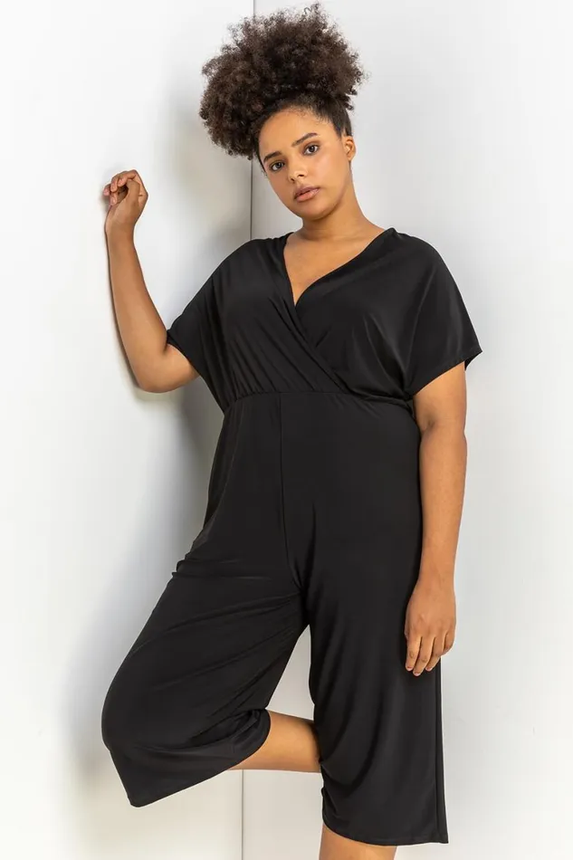 Women Black Curve Wrap Culotte Jumpsuit Roman Jumpsuits and Playsuits
