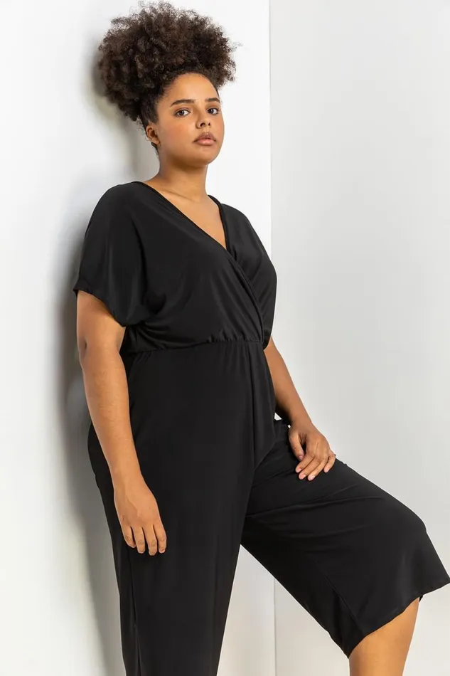 Women Black Curve Wrap Culotte Jumpsuit Roman Jumpsuits and Playsuits