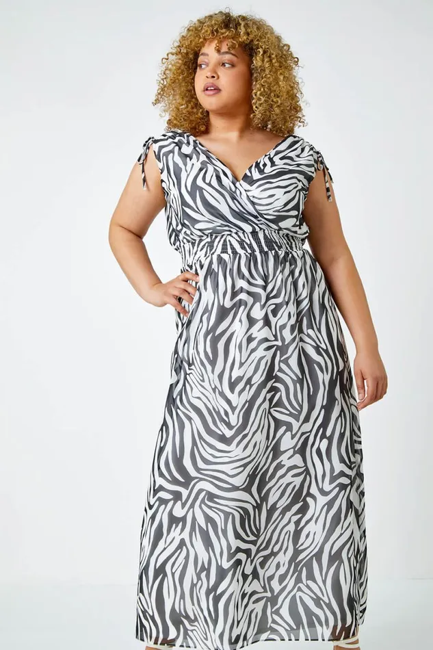 Women Black Curve Zebra Print Shirred Chiffon Maxi Dress Roman Dresses