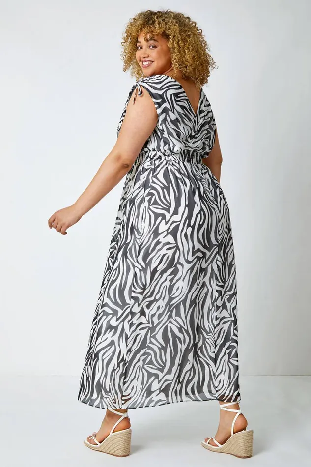 Women Black Curve Zebra Print Shirred Chiffon Maxi Dress Roman Dresses