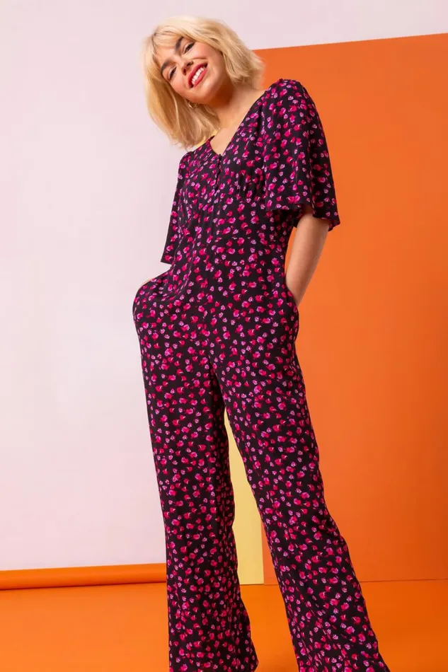 Women Black Ditsy Floral Wide Leg Jumpsuit Roman Dresses