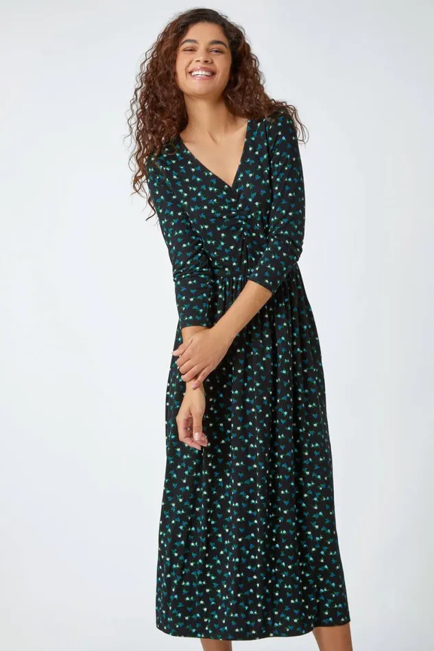 Women Black Ditsy Print Pocket Midi Stretch Dress Roman Dresses