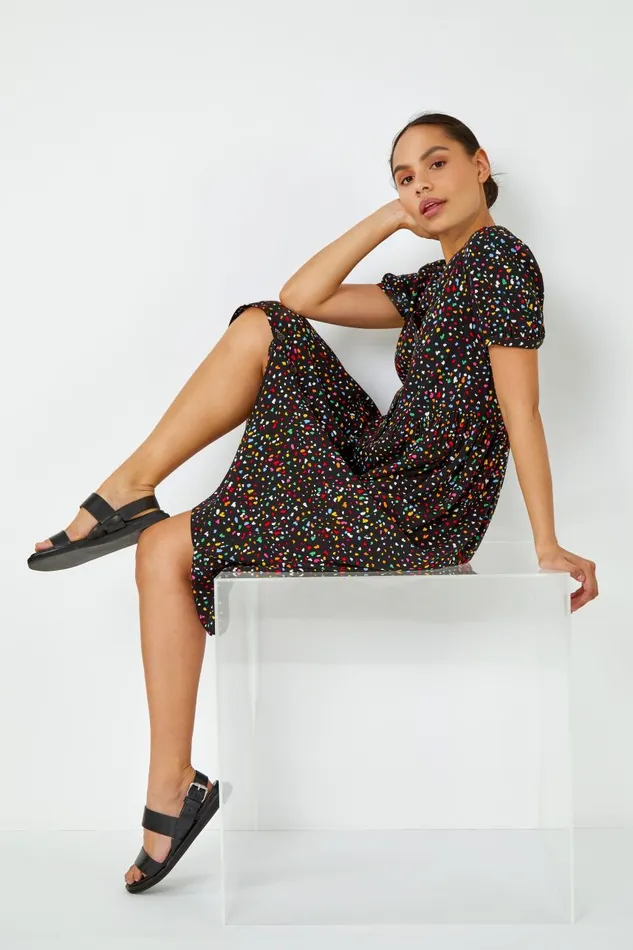 Women Black Ditsy Spot Print Button Down Dress Roman Dresses