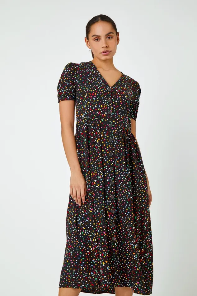 Women Black Ditsy Spot Print Button Down Dress Roman Dresses