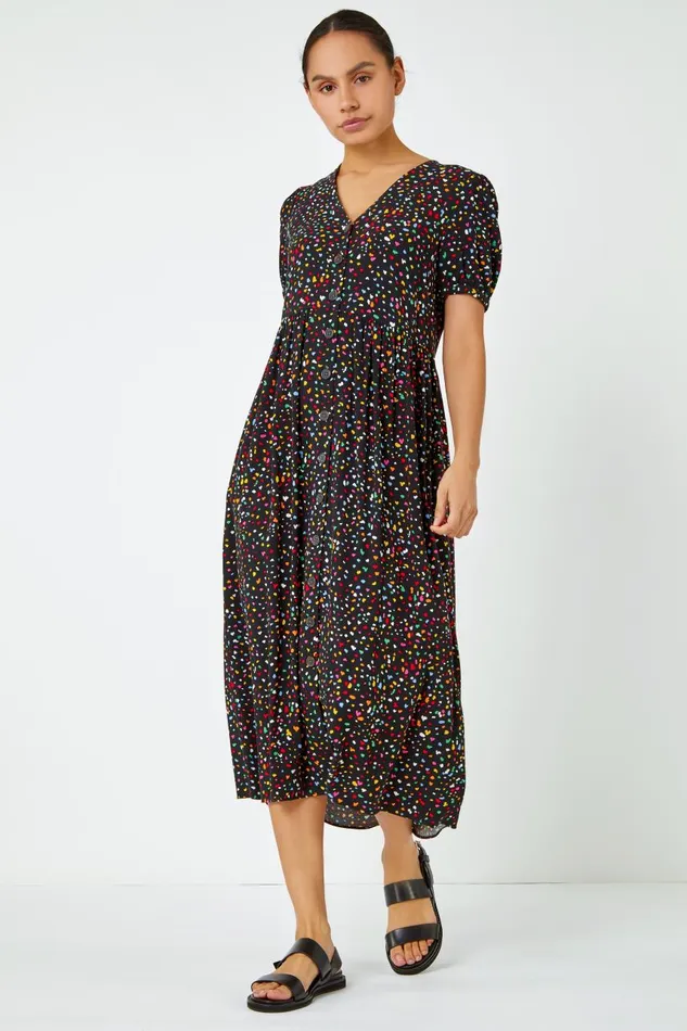 Women Black Ditsy Spot Print Button Down Dress Roman Dresses