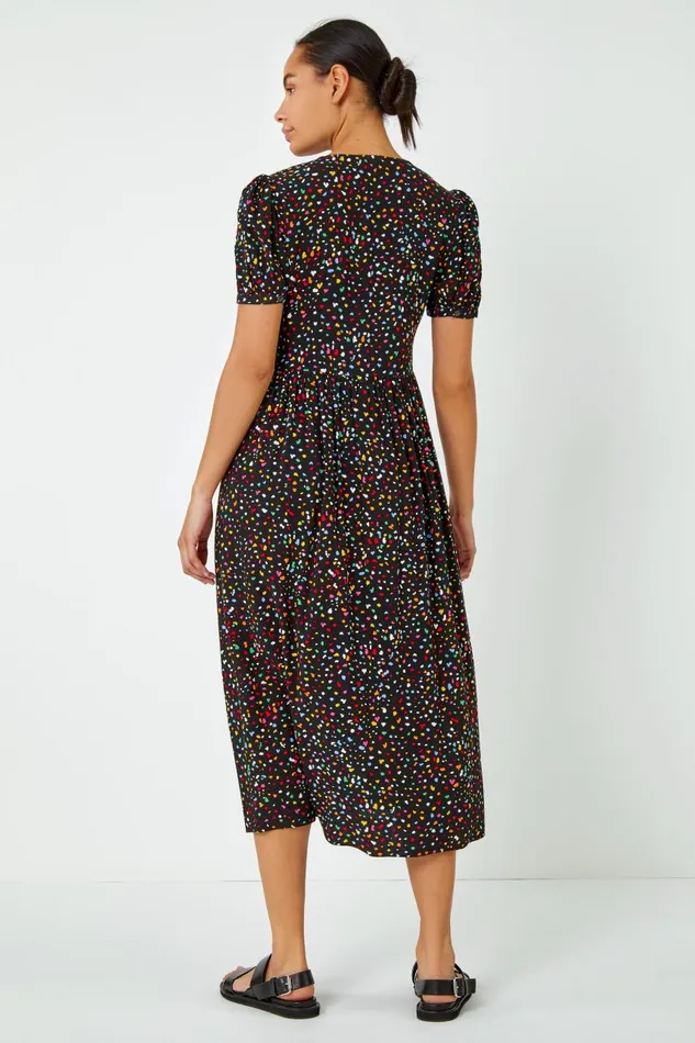 Women Black Ditsy Spot Print Button Down Dress Roman Dresses