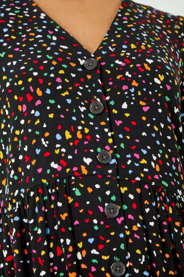 Women Black Ditsy Spot Print Button Down Dress Roman Dresses
