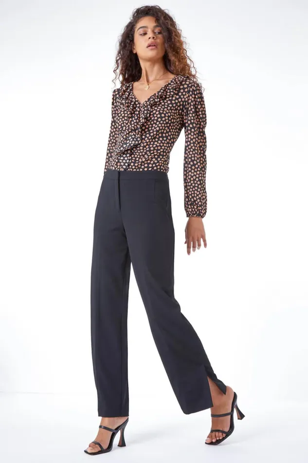 Women Black Elastic Waist Side Split Straight Trousers Roman Occasionwear