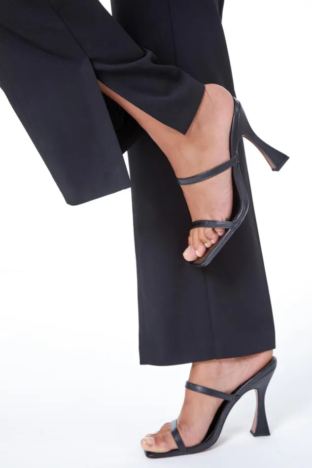 Women Black Elastic Waist Side Split Straight Trousers Roman Occasionwear