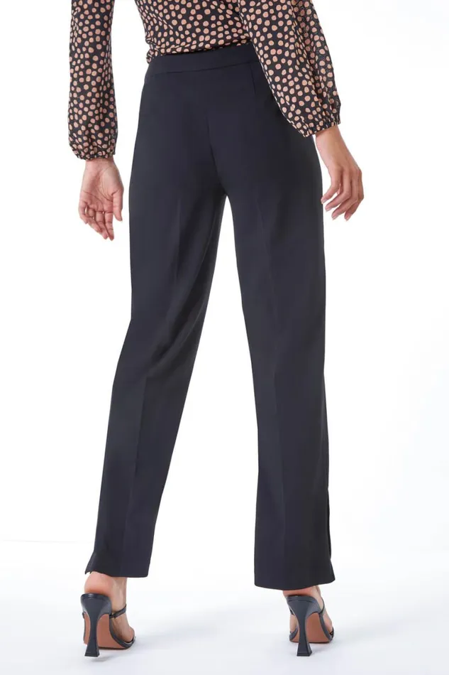 Women Black Elastic Waist Side Split Straight Trousers Roman Occasionwear