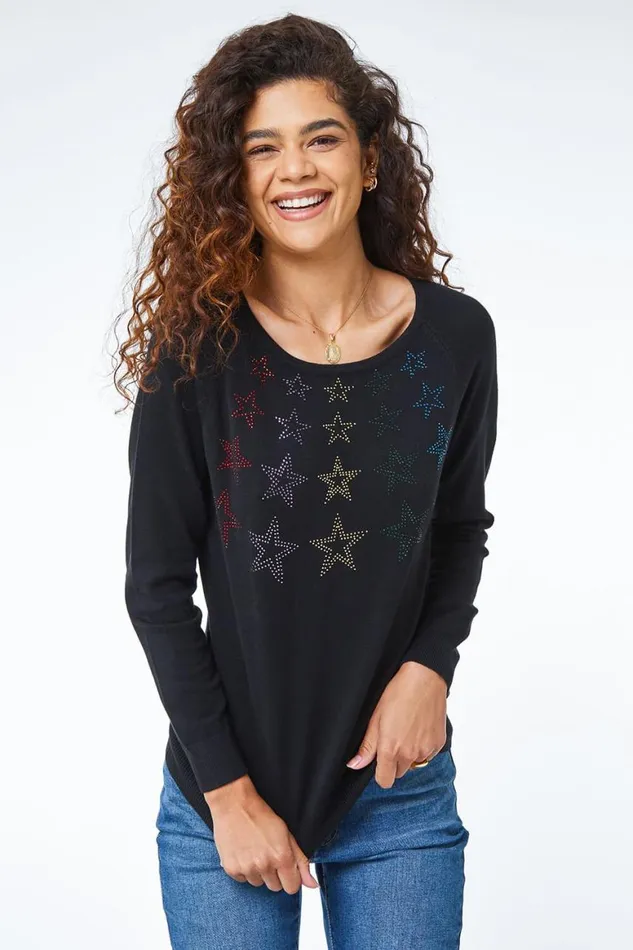 Women Black Embellished Star Jumper Roman Tops