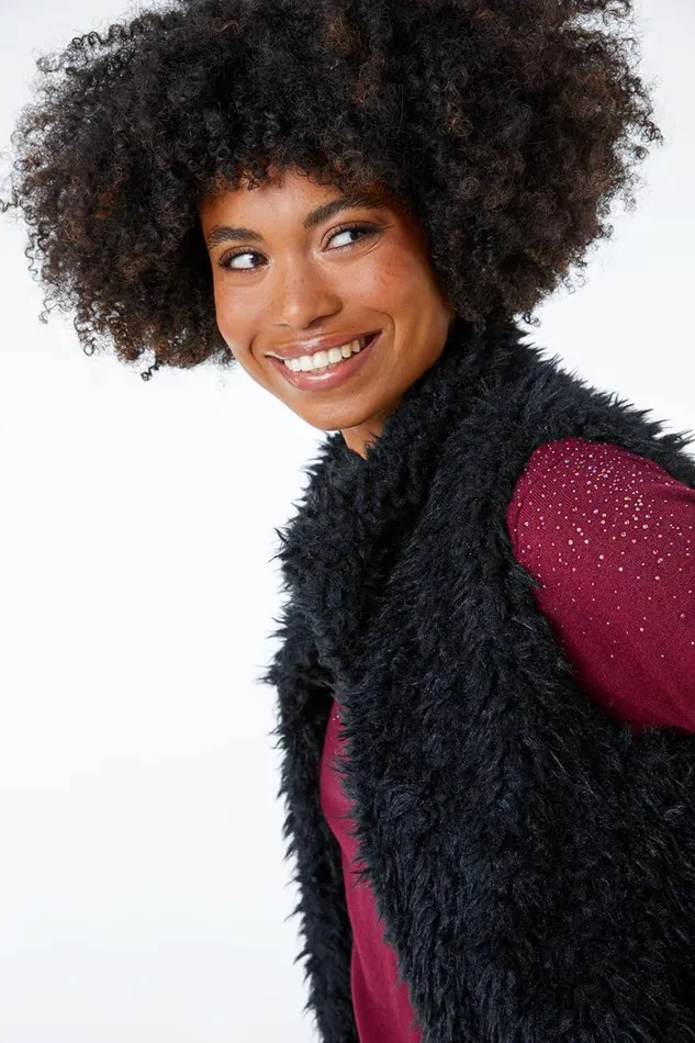 Women Black Faux Fur Fluffy Gilet Roman Jackets