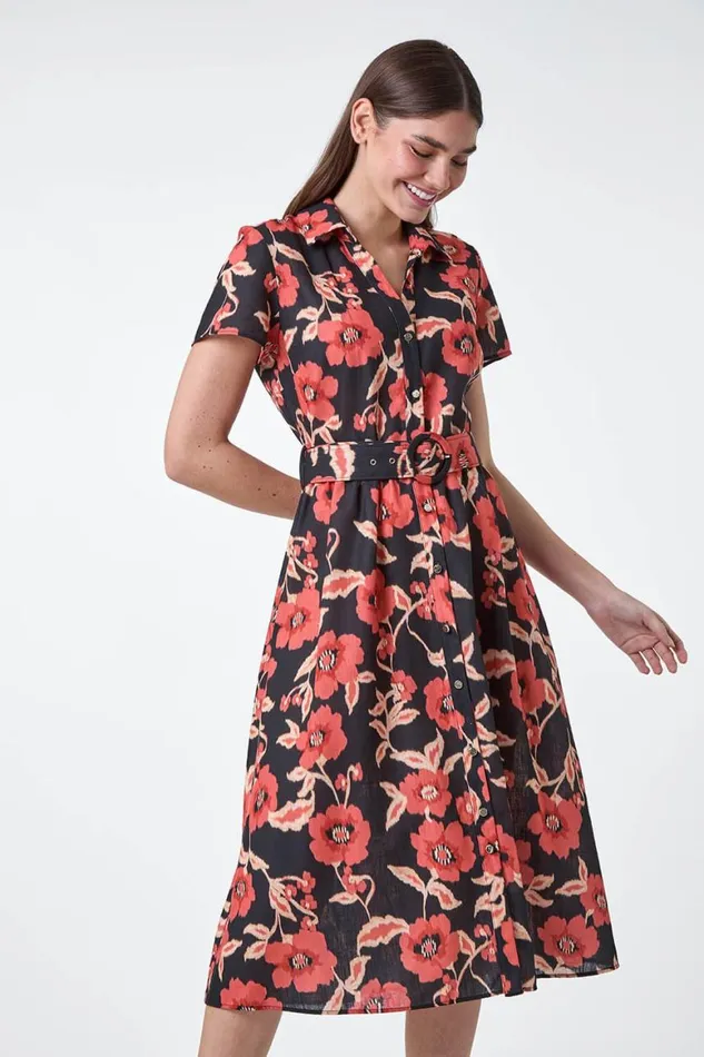 Women Black Floral Linen Look Belted Shirt Dress Roman Dresses