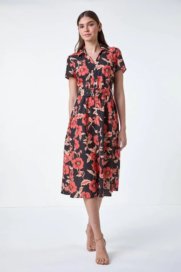 Women Black Floral Linen Look Belted Shirt Dress Roman Dresses