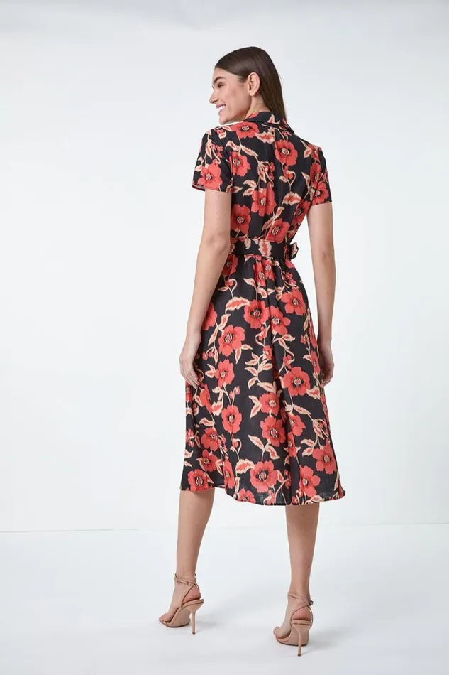 Women Black Floral Linen Look Belted Shirt Dress Roman Dresses