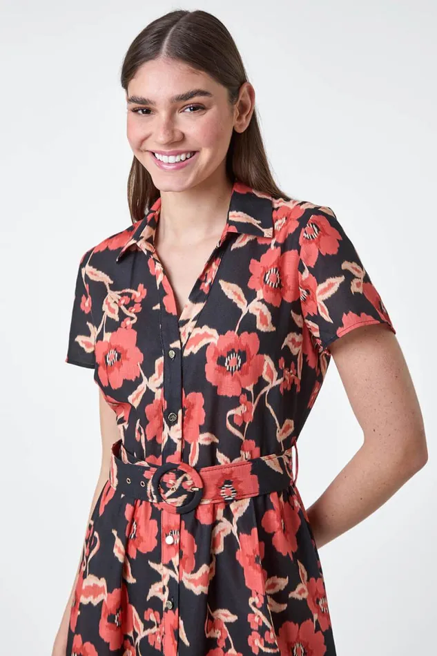 Women Black Floral Linen Look Belted Shirt Dress Roman Dresses