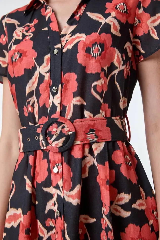 Women Black Floral Linen Look Belted Shirt Dress Roman Dresses