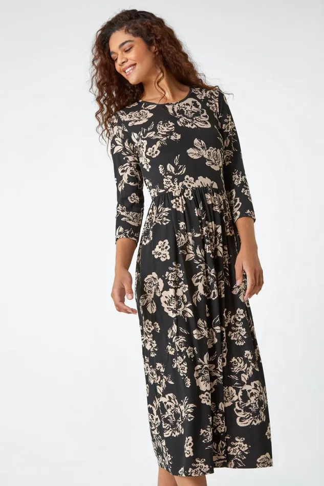 Women Black Floral Pocket Stretch Midi Dress Roman Dresses