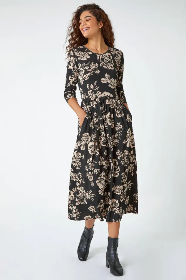 Women Black Floral Pocket Stretch Midi Dress Roman Dresses