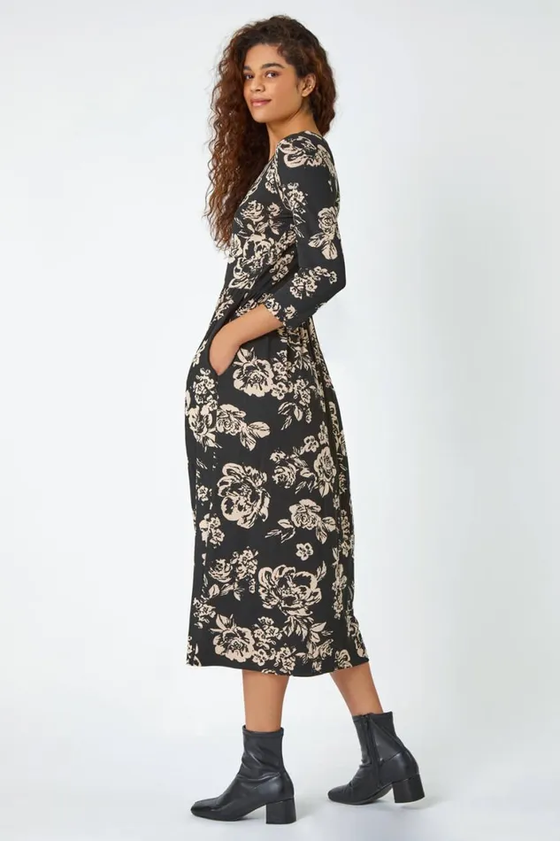 Women Black Floral Pocket Stretch Midi Dress Roman Dresses