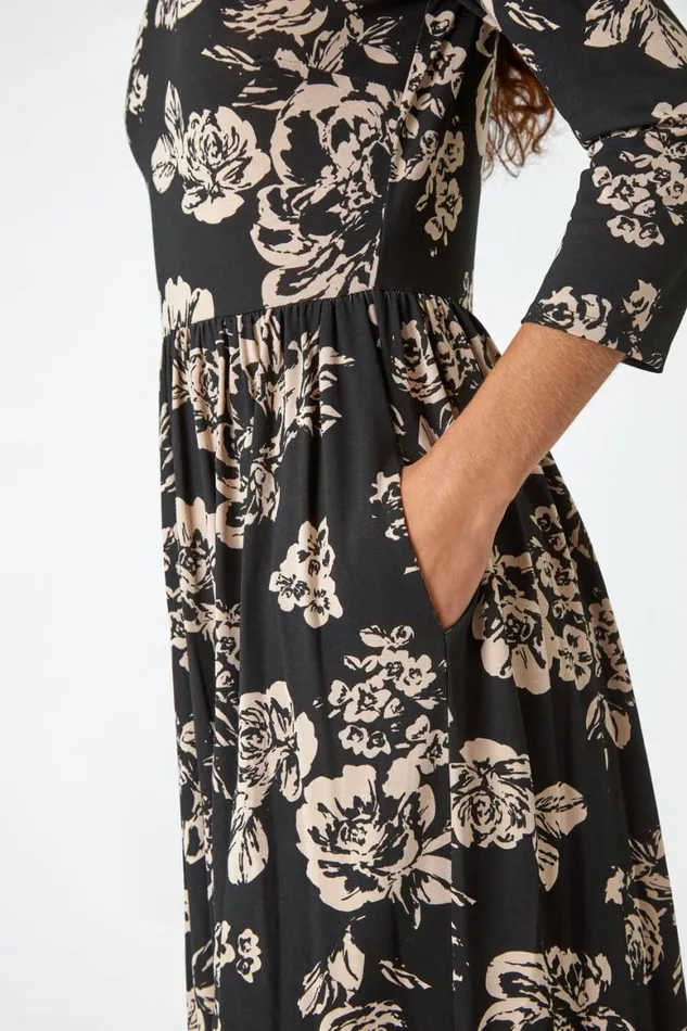 Women Black Floral Pocket Stretch Midi Dress Roman Dresses
