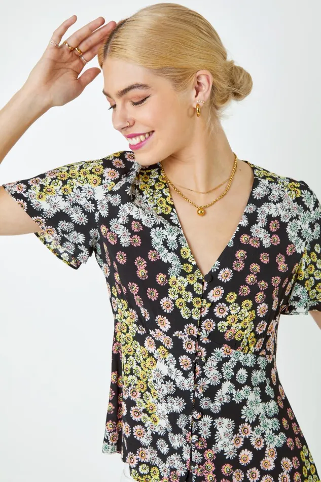 Women Black Floral Print Button Through Blouse Roman Tops