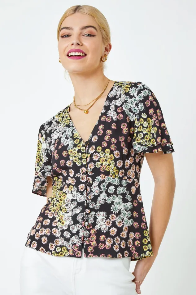 Women Black Floral Print Button Through Blouse Roman Tops