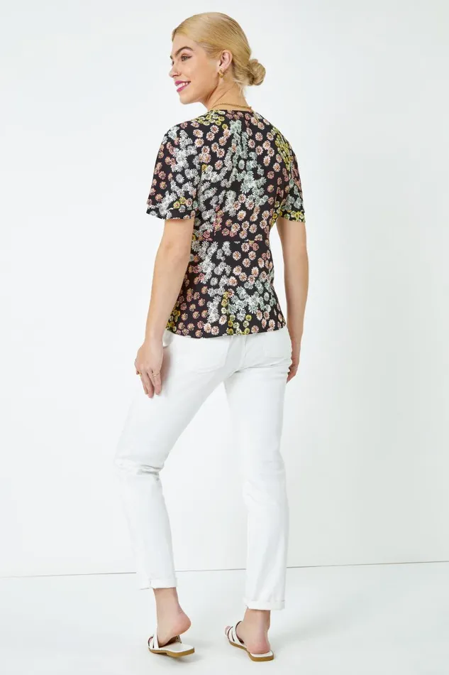 Women Black Floral Print Button Through Blouse Roman Tops