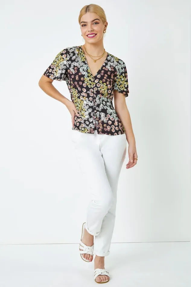 Women Black Floral Print Button Through Blouse Roman Tops