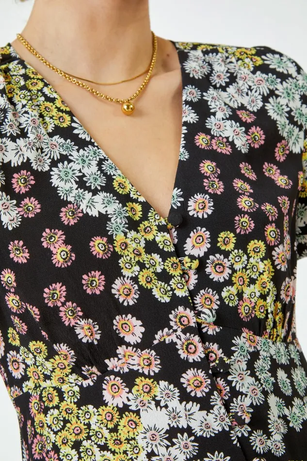 Women Black Floral Print Button Through Blouse Roman Tops