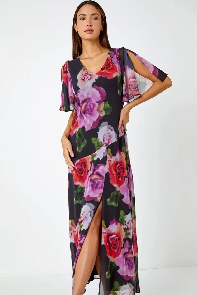 Women Black Floral Print Chiffon Tie Back Maxi Dress Roman Dresses