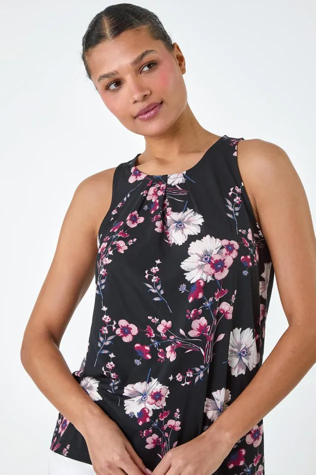 Women Black Floral Print Keyhole Vest Top Roman Tops