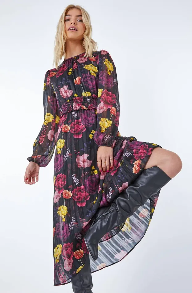 Women Black Floral Print Shirred Chiffon Midi Dress Roman Dresses