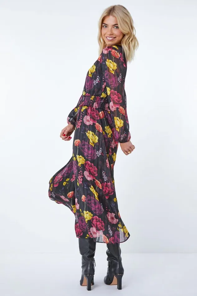 Women Black Floral Print Shirred Chiffon Midi Dress Roman Dresses