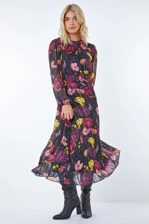 Women Black Floral Print Shirred Chiffon Midi Dress Roman Dresses