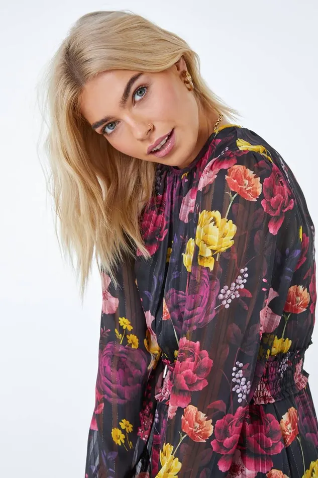 Women Black Floral Print Shirred Chiffon Midi Dress Roman Dresses