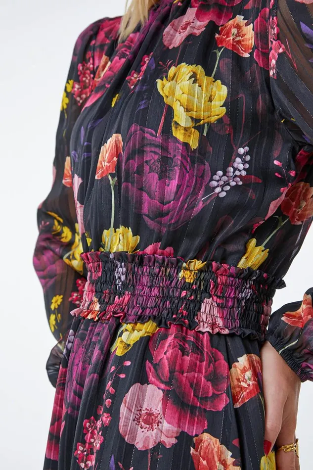 Women Black Floral Print Shirred Chiffon Midi Dress Roman Dresses