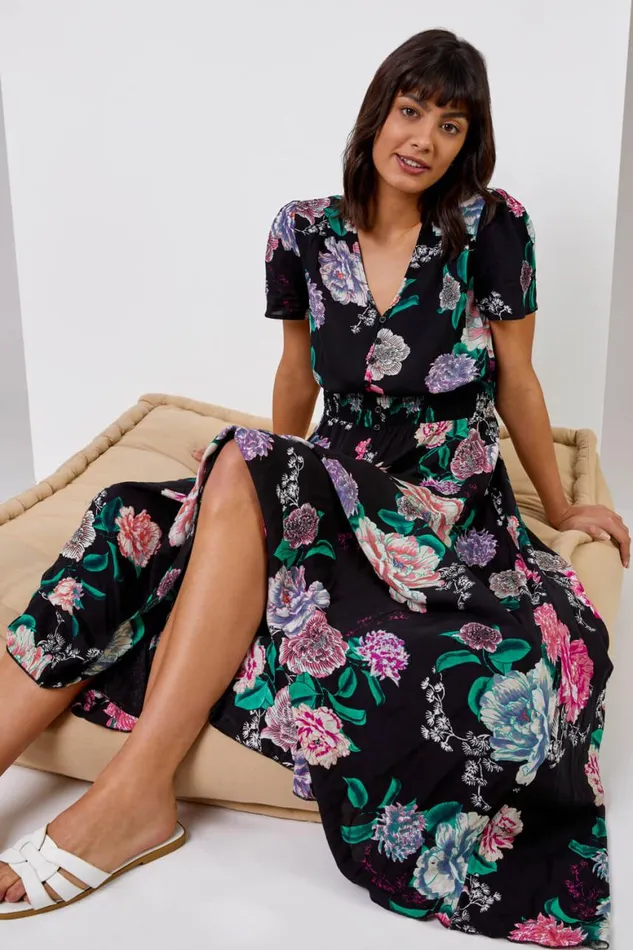 Women Black Floral Print Shirred Waist Maxi Dress Roman Dresses