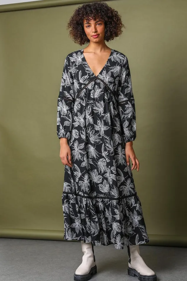 Women Black Floral Print Tiered Maxi Dress Roman Dresses