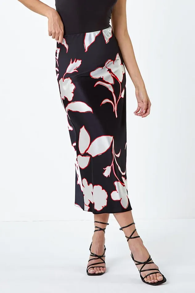 Women Black Floral Satin Elastic Waist A Line Midi Skirt Roman Skirts