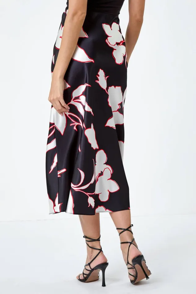 Women Black Floral Satin Elastic Waist A Line Midi Skirt Roman Skirts