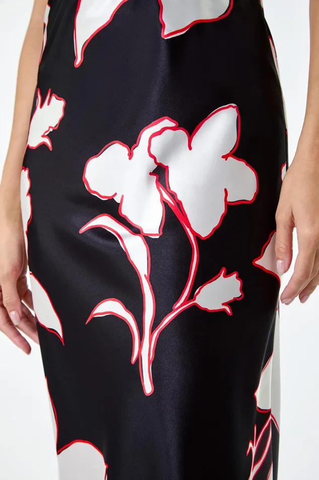 Women Black Floral Satin Elastic Waist A Line Midi Skirt Roman Skirts