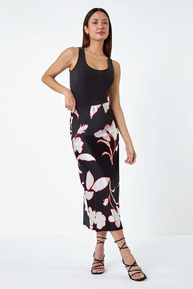 Women Black Floral Satin Elastic Waist A Line Midi Skirt Roman Skirts