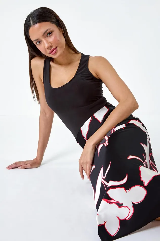 Women Black Floral Satin Elastic Waist A Line Midi Skirt Roman Skirts