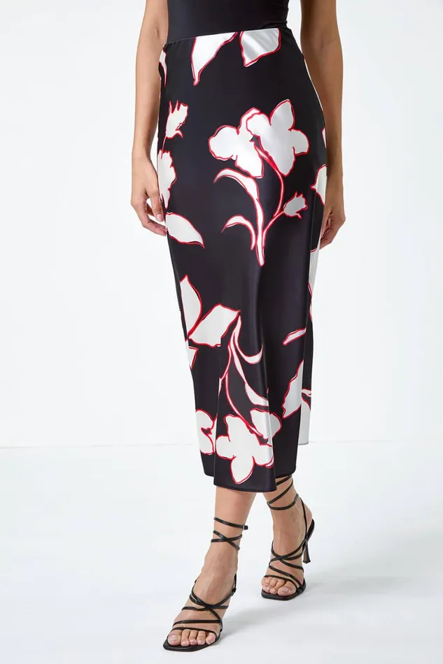 Women Black Floral Satin Elastic Waist A Line Midi Skirt Roman Skirts