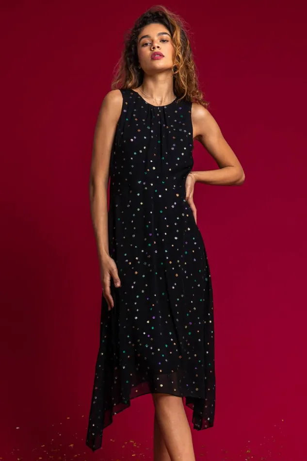 Women Black Foil Spot Hanky Hem Asymmetric Dress Roman Dresses