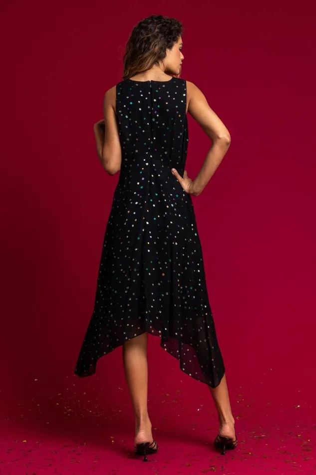 Women Black Foil Spot Hanky Hem Asymmetric Dress Roman Dresses