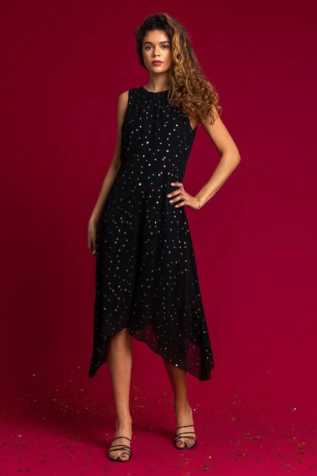 Women Black Foil Spot Hanky Hem Asymmetric Dress Roman Dresses