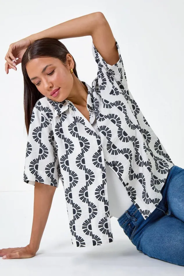 Women Black Geometric Print Button Shirt Roman Tops