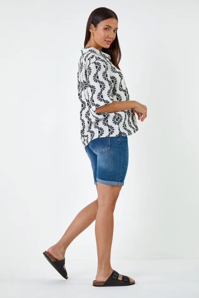 Women Black Geometric Print Button Shirt Roman Tops